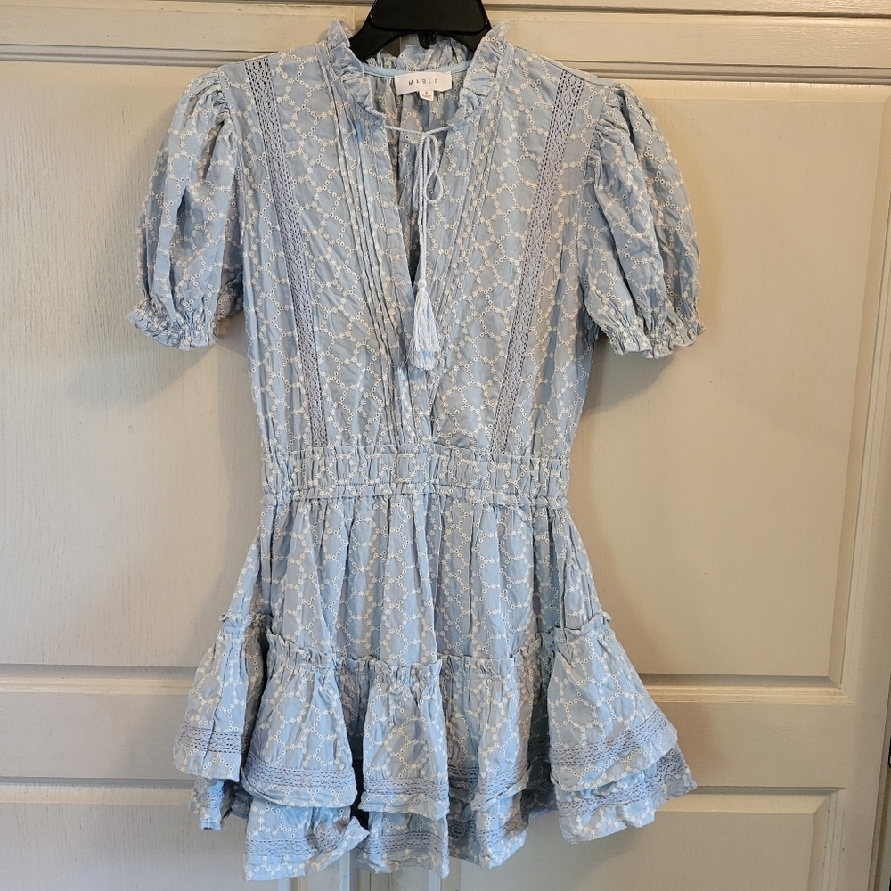 Mabel Blue White Eyelet Puff Sleeve Ruffle Tiered Skirt Mini Dress - Picture 2 of 7